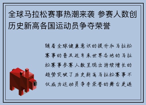 全球马拉松赛事热潮来袭 参赛人数创历史新高各国运动员争夺荣誉