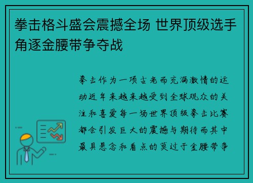 拳击格斗盛会震撼全场 世界顶级选手角逐金腰带争夺战