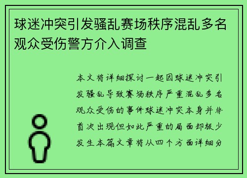 球迷冲突引发骚乱赛场秩序混乱多名观众受伤警方介入调查