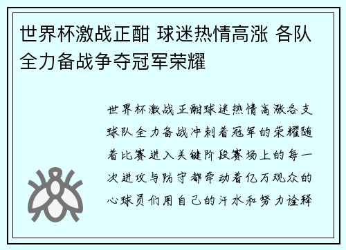 世界杯激战正酣 球迷热情高涨 各队全力备战争夺冠军荣耀