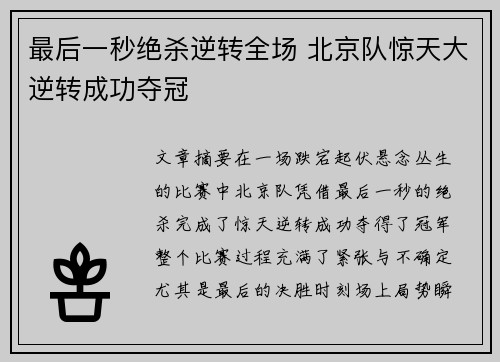 最后一秒绝杀逆转全场 北京队惊天大逆转成功夺冠